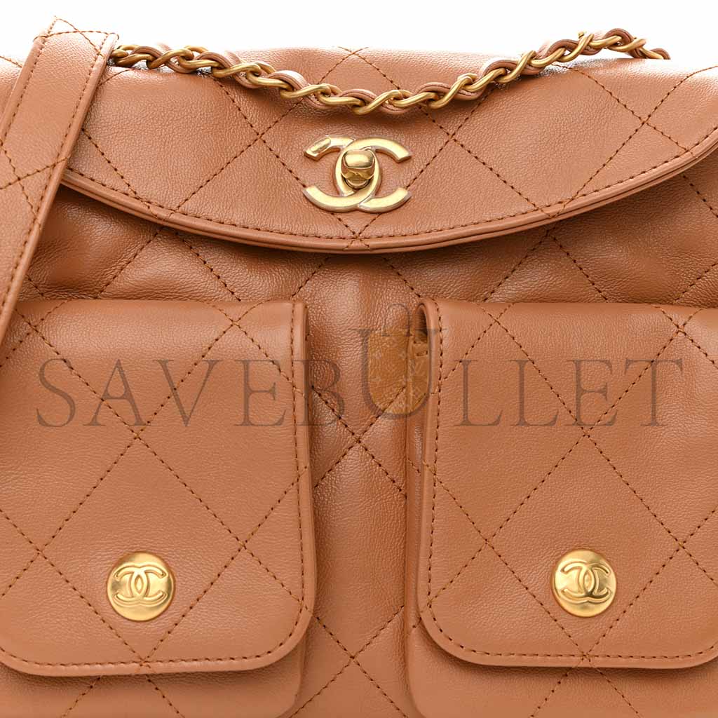 CHANEL SHINY CALFSKIN QUILTED SUPPLE TWINS SMAL HOBO BAG BROWN (24.5*19*5cm)